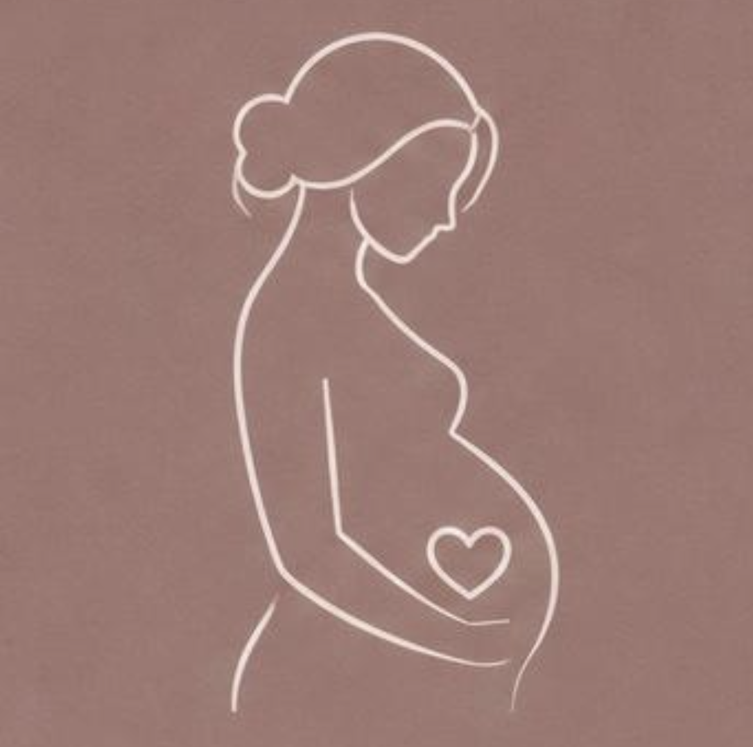 Line illustration of a pregnant woman with a heart on her belly